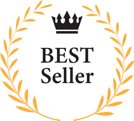 Bestseller with laurel wreath icon trendy yellow and black flat style. Best seller badge logo template with crown. Top rated inscription symbol vector illustration isolated on transparent background.