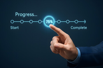 Hand Touching Digital Progress Bar at 75 Percent Completion Point