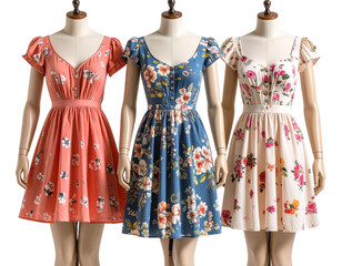 Obraz premium Mannequins Wearing Colorful Retro Summer Dresses, Vintage Fashion Display PNG