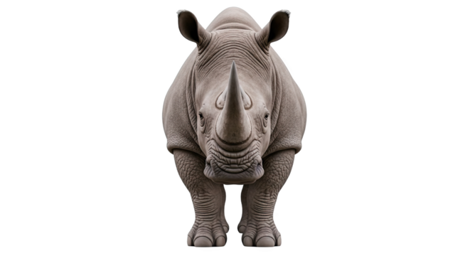 A rhinoceros stands facing forward isolated on transparent background