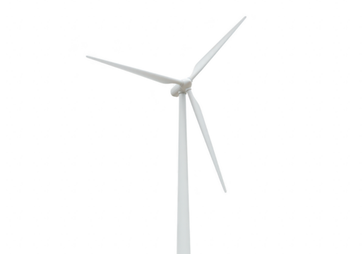 A modern white wind turbine with three blades isolated on a transparent background