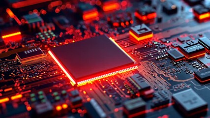 Close-up of a circuit board with a central processor chip. - Powered by Adobe