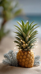 Pineapple with green leaves and fairy lights, silver pine branches, beach background, festive tropical holiday mood