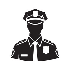 Police officer silhouette bust portrait. Policeman in uniform with cap and badge, a symbol of law enforcement, security, and public service. Vector icon.