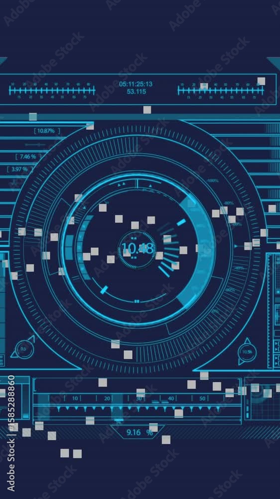 Poster animation of futuristic digital interface processing data with graphs and charts