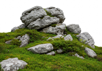 A cluster of large, weathered grey rocks covered in vibrant green moss and grass isolated on transparent background