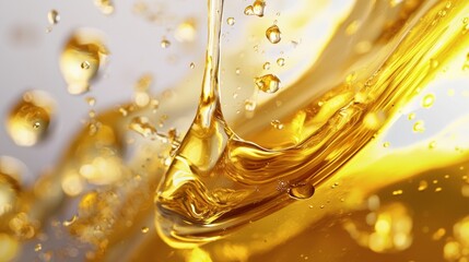 Golden cooking oil splash captured in motion on yellow background for culinary branding or food packaging design