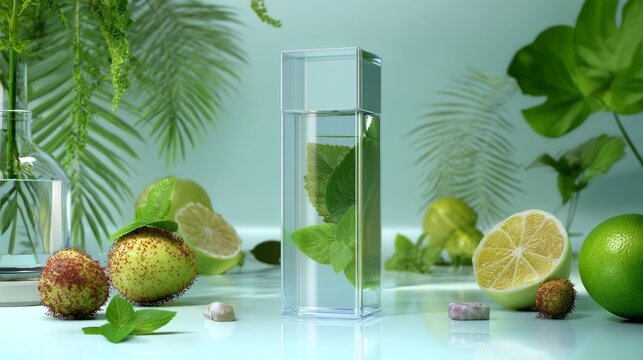 Green fruits and modern water bottle with clean tropical background for hydration wellness lifestyle visual concept