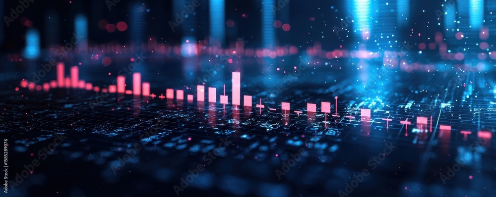 Poster dynamic financial chart and data visualization with glowing trend lines on grid