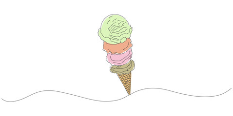 Stacked Ice Cream Scoops in Waffle Cone – Hand Drawn Colorful Dessert Illustration on White Background