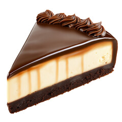 Chocolate cheese cake slice isolated on white background. Fresh chocolate cheese cake closeup.