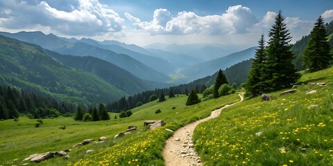 A winding dirt path through a vibrant green alpine meadow dotted with yellow wildflowers leading towards distant blue mountain ranges under a cloudy sky