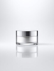 Sleek face cream jar with reflective surface, elegantly placed off center against soft, neutral background, exuding sense of luxury and simplicity