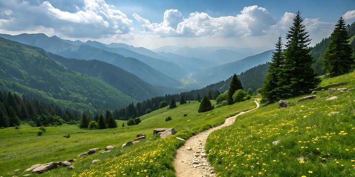 A winding dirt path through a vibrant green alpine meadow dotted with yellow wildflowers leading towards distant blue mountain ranges under a cloudy sky
