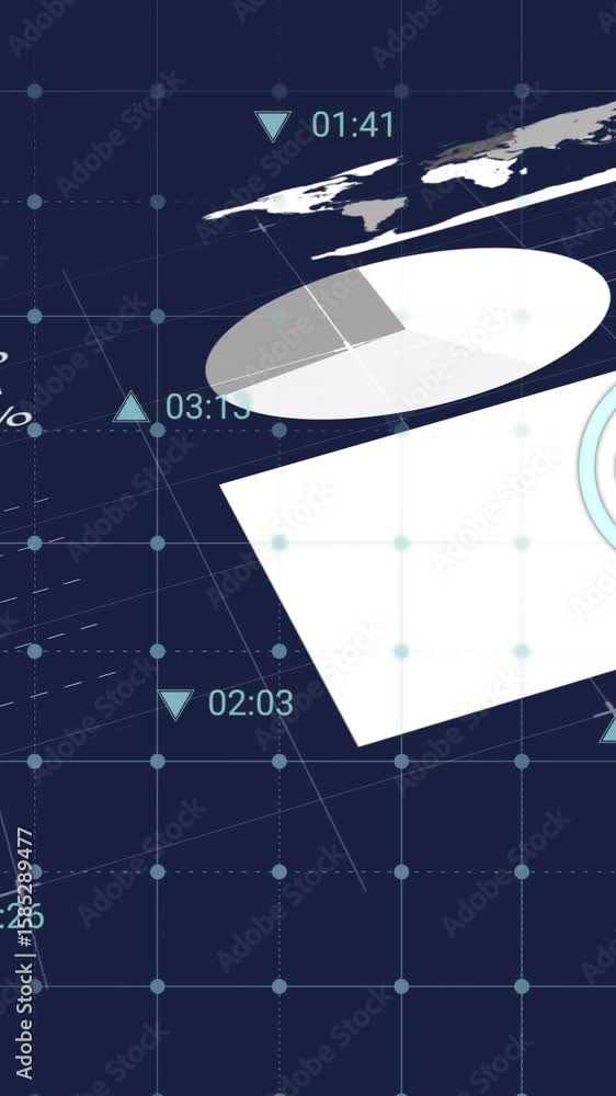 Poster animation of data analytics and icons overlaying digital interface with world map