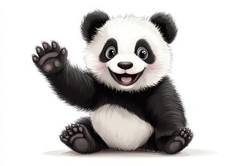 Adorable baby panda waving hello cartoon animal illustration happy wildlife on white background. Generative AI
