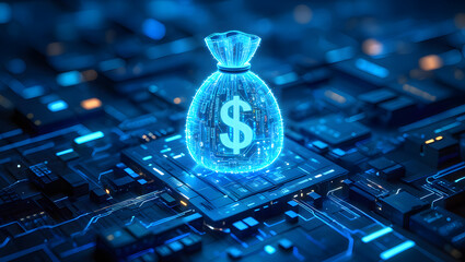 Digital currency concept Glowing dollar sign money bag on circuit board