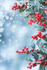 Fototapeta premium Holly branches with red berries covered in snow against a blue bokeh background. Winter holiday decoration element and natural festive design.