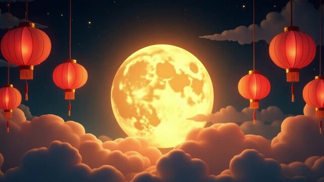Golden Full Moon and Lanterns in the Clouds &ndash; Moon Festival Fantasy