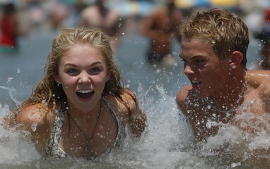 Fototapeta premium Joyful Moments Friends Playing in Water Summer Fun Sunny Day Beach Vacation Blonde Hair Smiling Water Splash