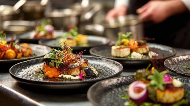 Closeup view of an elegant gourmet thali being prepared in a culinary school environment emphasizing intricate details and artistic presentation. This Diwali showcase combines traditional