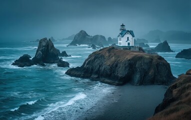 Dramatic Coastal Lighthouse Scene A Moody and Atmospheric View of a Historic Lighthouse Standing Proudly on a Rocky Island with Ocean Waves
