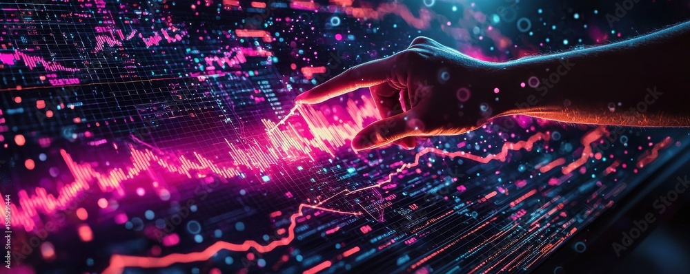 Poster hand pointing at illuminated financial graph with futuristic data interface