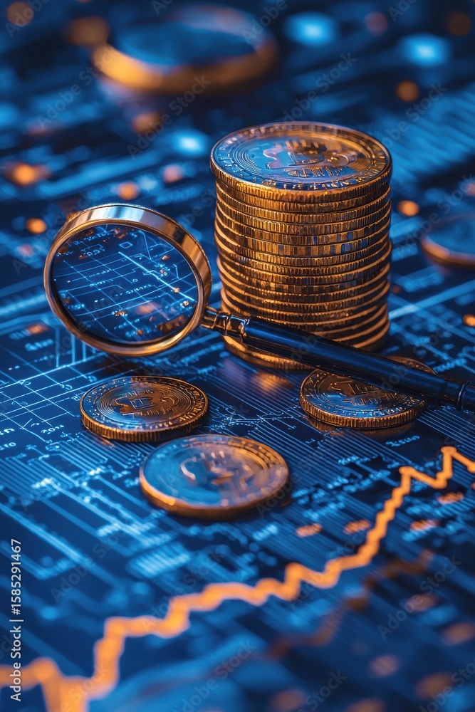 Poster digital assets analysis with stacked coins and magnifying glass on data backdrop