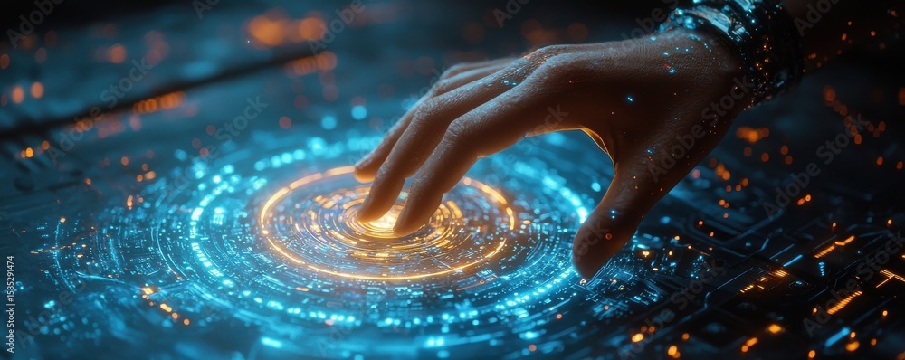 Poster woman interacting with a futuristic digital interface in a high-tech setting