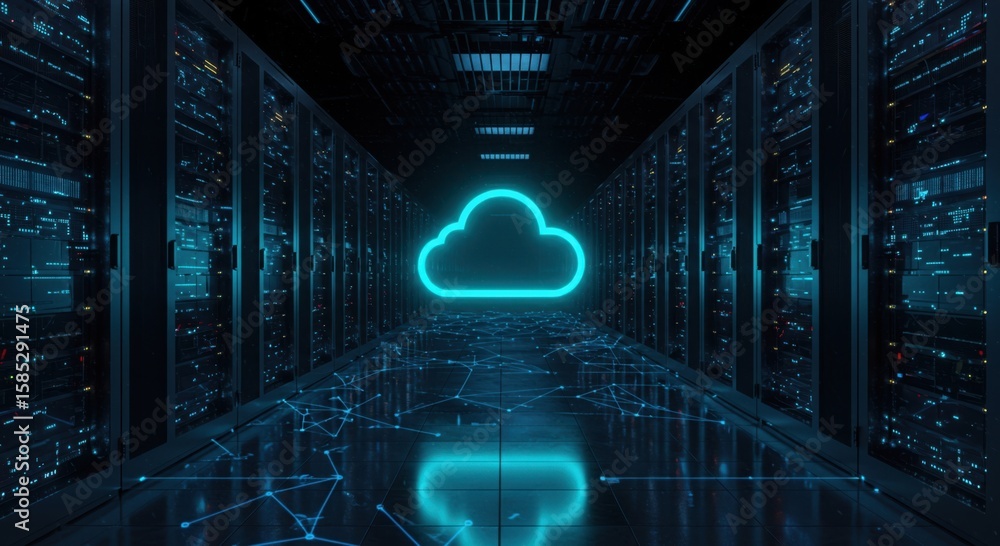 Poster futuristic data center aisle illuminated by neon cloud symbol and digital network lines
