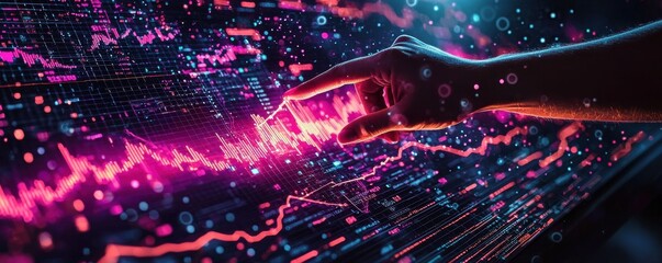 Hand pointing at illuminated financial graph with futuristic data interface