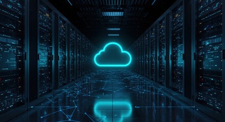 Futuristic data center aisle illuminated by neon cloud symbol and digital network lines