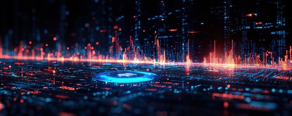 Digital futuristic illustration featuring trading charts and glowing data visualization