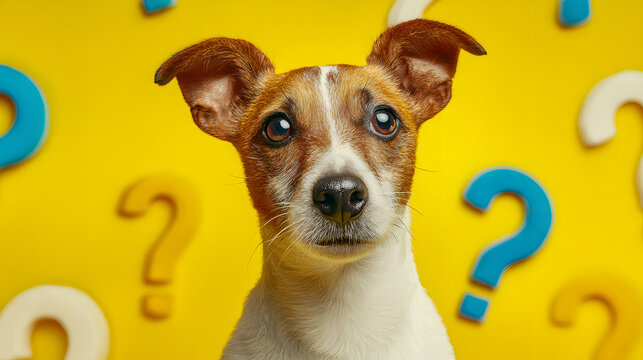 cute little dog looking confused surrounded by oversized question marks on a bright yellow background embodying curiosity and innocence in a playful vibrant setting - Powered by Adobe