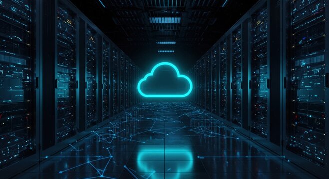 Futuristic data center aisle illuminated by neon cloud symbol and digital network lines