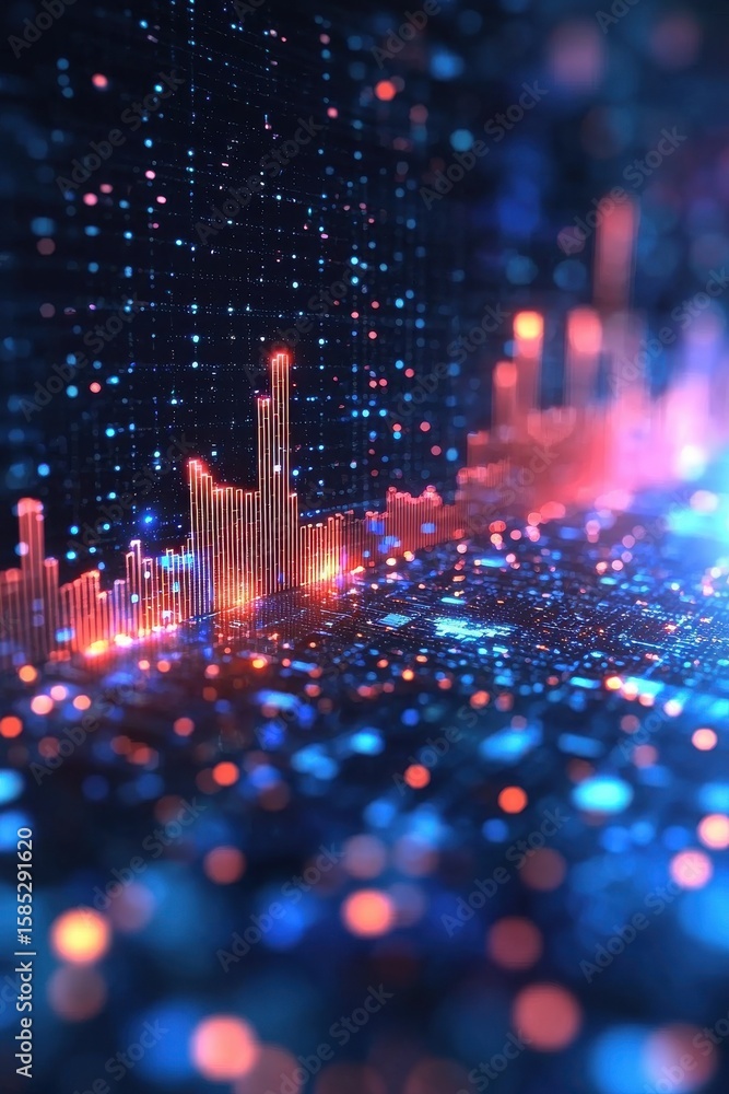 Poster abstract depiction of data visualization with glowing bar chart