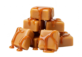 A pile of delicious caramel candies drizzled with extra caramel sauce, isolated on a transparent background