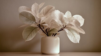 Leafy foliage in sleek white pot soft earth tone background minimal and gentle