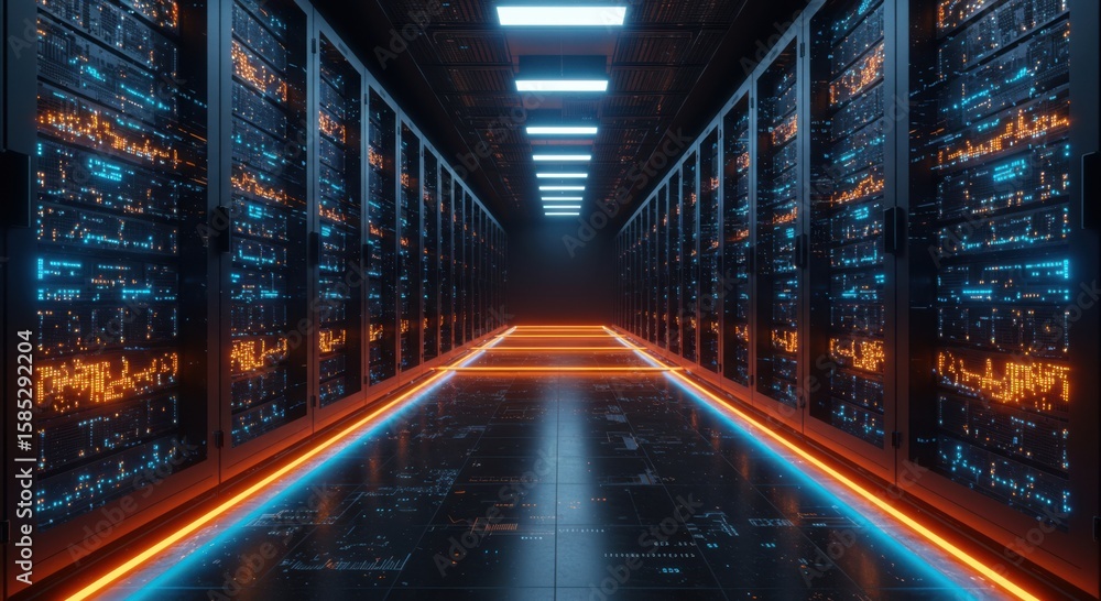 Poster illuminated server room corridor with rows of glowing racks and futuristic neon pathway lighting
