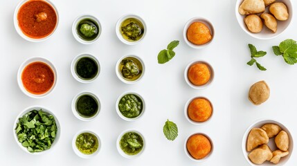 A Culinary Array: A top-down view of an artistic food presentation features bowls brimming with diverse sauces and condiments. The artistic display of ingredients sets the scene.