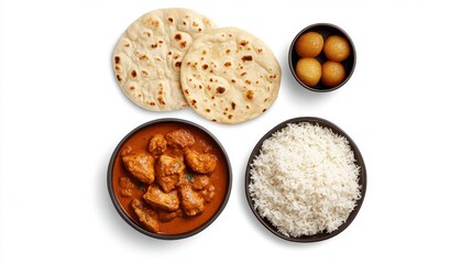Indian Feast: An overhead shot of an Indian cuisine arrangement, featuring aromatic Chicken Tikka Masala, fluffy rice, naan bread, and golden Gulab Jamun, a delightful ensemble.