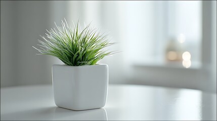 Elegant small plant in a clean white container soft light neutral setting peaceful look