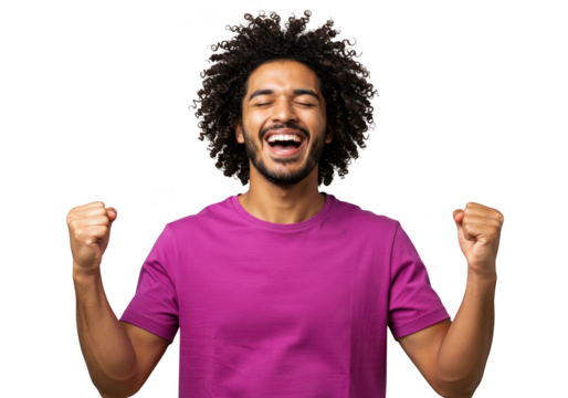 A joyful man with curly hair and a beard, wearing a purple tshirt, celebrates with fists raised, isolated on transparent background - Powered by Adobe