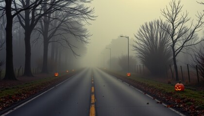Foggy autumn road lined with bare trees, distant jack-o&rsquo;-lanterns on the roadside, and a slightly illuminated space in the middle ready to host moody text or haunting taglines.