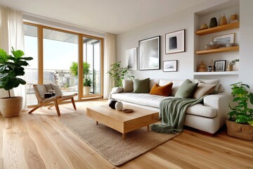 Fototapeta premium Modern Scandinavian living room with minimalist decor and natural lighting