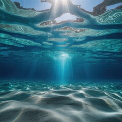 Fototapeta premium Underwater view of sunbeams piercing through rippling ocean surface onto sandy seabed