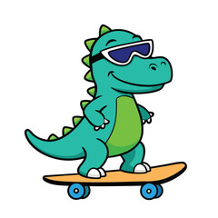 "Funny dinosaur cartoon character wearing sunglasses and riding a skateboard, vector illustration, white background"