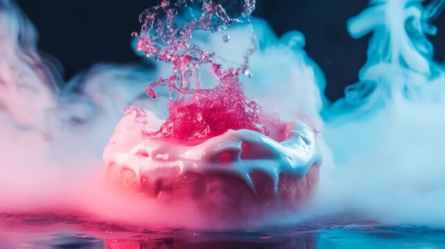 Abstract red splash in cloud of smoke and blue lighting for artistic experimental visuals concept background