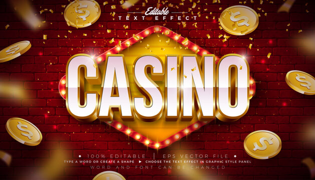 Casino 3D Editable Text Effect Design Vector Graphic Style Effect with Gold White Typography Lettering, Casino Coin and Light Bulb Billboard on Vintage Brick Wall Background. Premium Luxury