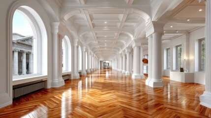 Obraz premium Elegant empty neoclassical hall with large windows and wooden floor